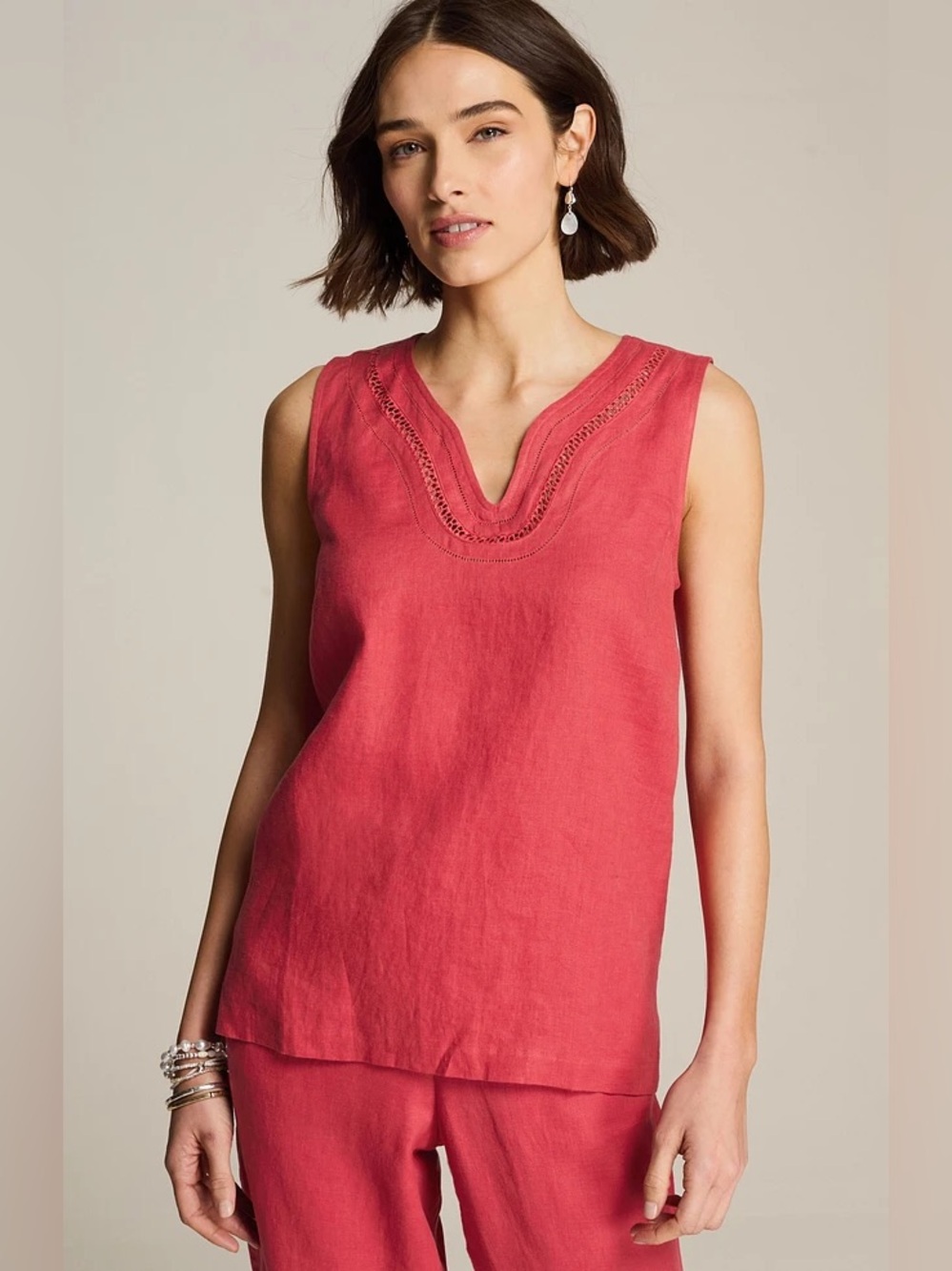 J. Jill Sleeveless Love Linen V-Neck Linen Tank Top and Pants Set in Coral 2x